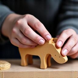 A craftsperson's hands carefully sanding a wooden animal toy.