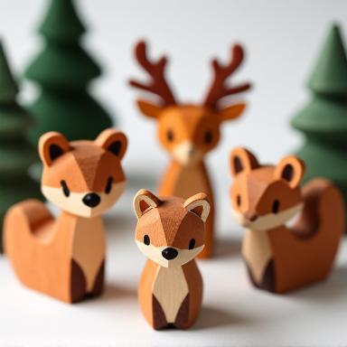 A collection of beautifully crafted wooden woodland animal figures.