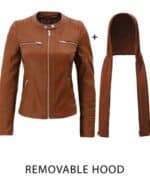 Women's Biker Leather Jacket with Removable Hood