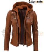 Women's Biker Leather Jacket with Removable Hood