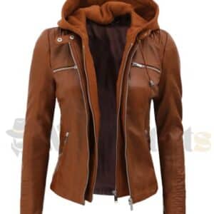 Women's Biker Leather Jacket with Removable Hood