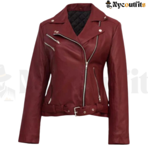 Burgundy Leather Biker Jacket For Women