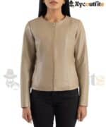 Beige Elixir Collarless Leather Jacket