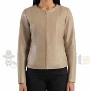 Beige Elixir Collarless Leather Jacket