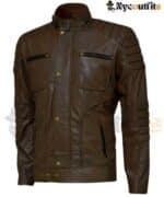 Brown Leather Biker Jacket with Quilted Detailing