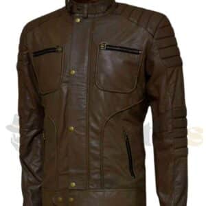 Brown Leather Biker Jacket with Quilted Detailing