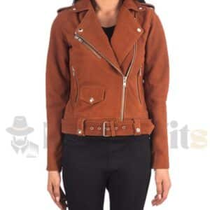 Women Brown Suede Biker Jacket