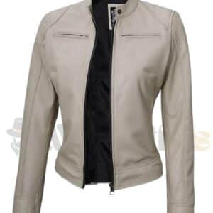 Beige Café Racer Motorcycle Womens Leather Jacket