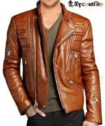 Brown Padded Leather Biker Jacket for Men