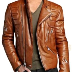 Brown Padded Leather Biker Jacket for Men