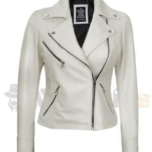 Beige Moto Leather Jacket for Women Classic Biker Style