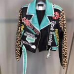 Leopard Chic Motorcycle Jacket Womens Short Leather Coat