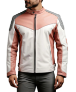 Men's Grey Pink Sheepskin Leather Biker Jacket