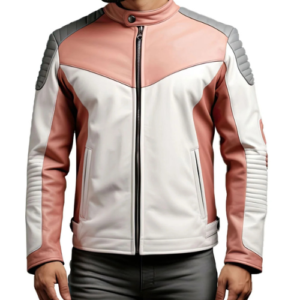 Men's Grey Pink Sheepskin Leather Biker Jacket