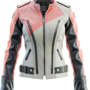 Women's Ash Grey Pink Sheepskin Leather Moto Jacket