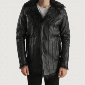 Furcliff Black Leather Coat Modern Style