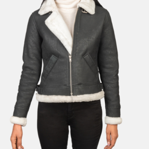 Women Sherilyn B-3 Black & White Leather Bomber Jacket