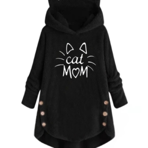 Womens Plush Cat Ear Hoodie with Cat Mom Graphic