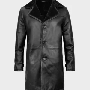 Men Black Shearling Genuine Leather Trench Coat