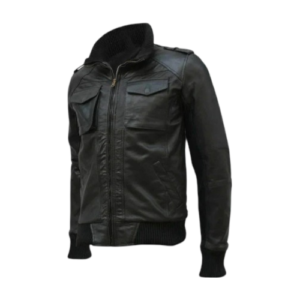 Distressed Black Genuine Leather Bomber Jacket