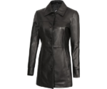 Distressed Black Mid Length Leather Car Coat