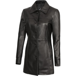 Distressed Black Mid Length Leather Car Coat