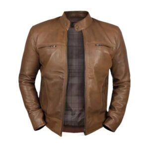 Dodge Camel Brown Leather Biker Jacket