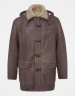 Luxury Brown Shearling Genuine Leather Duffle Coat