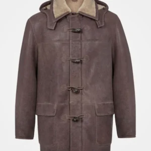 Luxury Brown Shearling Genuine Leather Duffle Coat