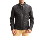 Men Black Quilted Genuine Leather Jacket