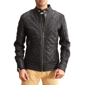 Men Black Quilted Genuine Leather Jacket