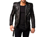 Men Black Slim Fit Biker Genuine Leather Jacket