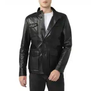 Men Flap Pockets Black Leather Jacket