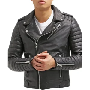 Men Black Leather Quilted Biker Jacket