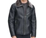 Mens Black Leather Faux Shearling Collar Jacket