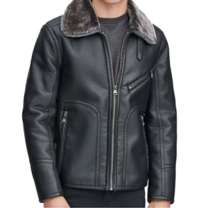 Mens Black Leather Faux Shearling Collar Jacket