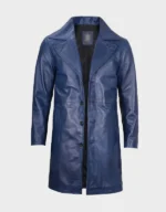 Mens Blue Mid Length Genuine Leather Coat