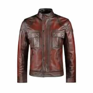 Mens Red Cafe Racer Genuine Leather Jacket