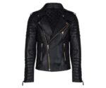 Mens Golden Zip Black Padded Biker Leather Jacket