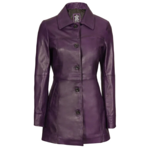 Women Mid Length Purple Genuine Leather Car Coat