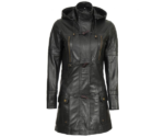 Womens Black Mid Length Leather Coat With Hood