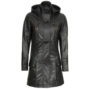 Womens Black Mid Length Leather Coat With Hood