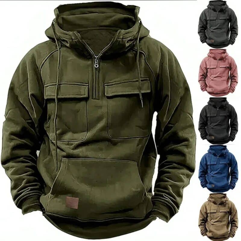 Men's Tactical Half-Zip Fleece Hoodie – Warm, Multi-Pocket Military Jacket